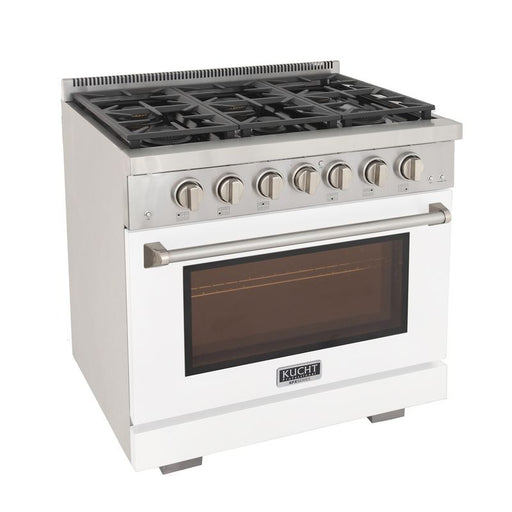 Kucht 36 Inch Professional KFX-X Series Liquid Propane Stainless Steel Range with Convection Oven in White Oven Door Side