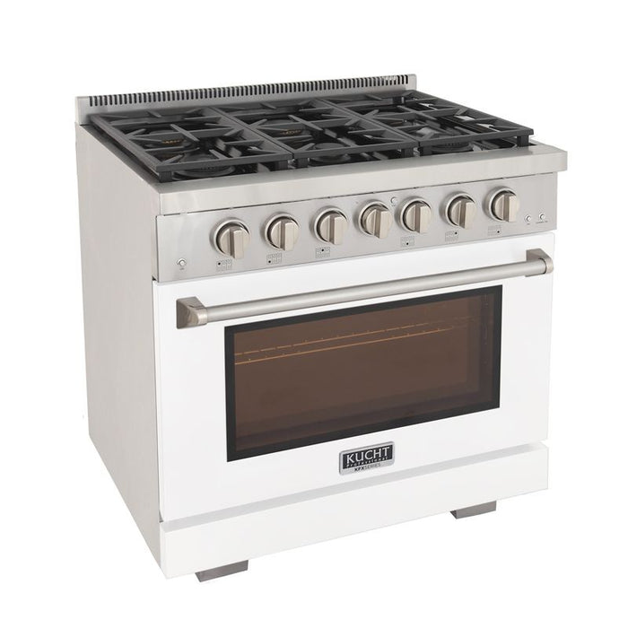 Kucht 36 Inch Professional KFX-X Series Liquid Propane Stainless Steel Range with Convection Oven in White Oven Door Side