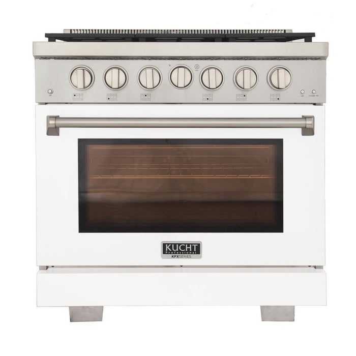 Kucht 36 Inch Professional KFX-X Series Liquid Propane Stainless Steel Range with Convection Oven in White Oven Door Main