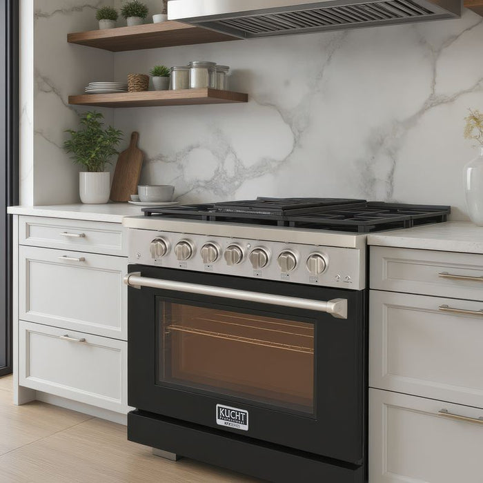 Kucht 36 Inch Professional KFX-X Series Natural Gas Stainless Steel Range with Convection Oven in Black Oven Door Attached