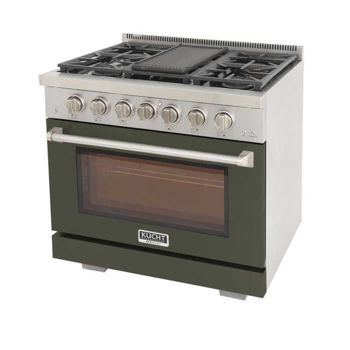 Kucht 36 Inch Professional KFX-X Series Natural Gas Stainless Steel Range with Convection Oven in Green Oven Door Griddle