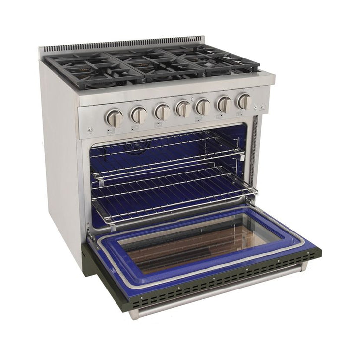 Kucht 36 Inch Professional KFX-X Series Natural Gas Stainless Steel Range with Convection Oven in Green Oven Door Open