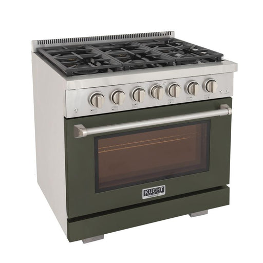 Kucht 36 Inch Professional KFX-X Series Natural Gas Stainless Steel Range with Convection Oven in Green Oven Door Side