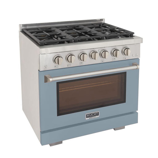 Kucht 36 Inch Professional KFX-X Series Natural Gas Stainless Steel Range with Convection Oven in Light Blue Oven Door Side