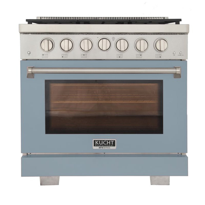 Kucht 36 Inch Professional KFX-X Series Natural Gas Stainless Steel Range with Convection Oven in Light Blue Oven Door Main
