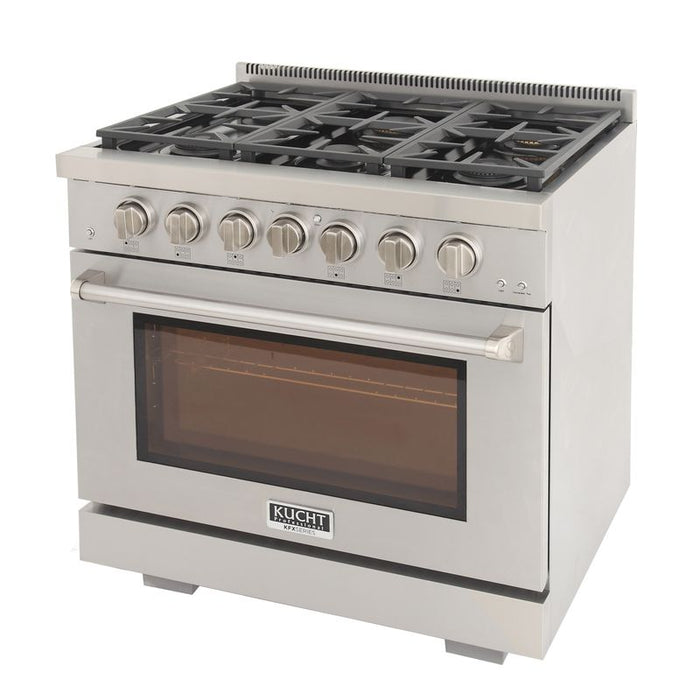 Kucht 36 Inch Professional KFX-X Series Natural Gas Stainless Steel Range with Convection Oven in Silver Oven Door Side