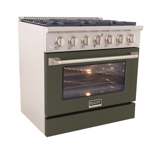 Kucht 36 Inch Professional KNG Series Natural Gas Stainless Steel Range with Sealed Burners and Convection Oven in Olive Green Oven Door Side