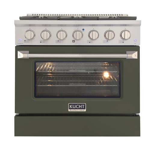 Kucht 36 Inch Professional KNG Series Natural Gas Stainless Steel Range with Sealed Burners and Convection Oven in Olive Green Oven Door Main