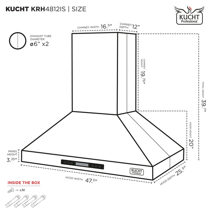 Kucht 48 Inch 1200 CFM Stainless Steel Ducted Island Mount Range Hood with LCD display and Sensor Touch Controls Dimensions