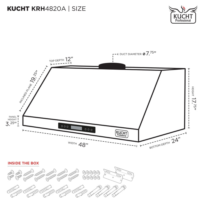 Kucht 48 Inch 1200 CFM Stainless Steel Ducted Under Cabinet Range Hood with Push Button Controls Dimensions