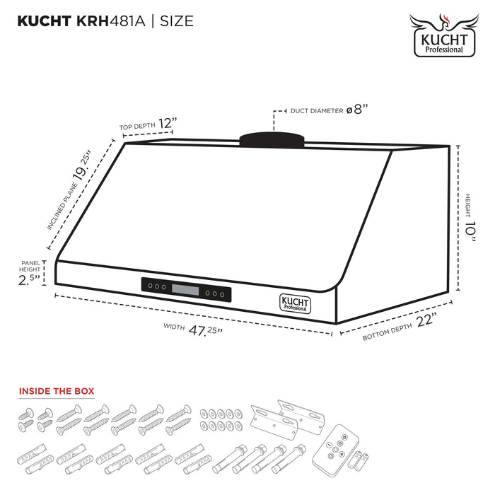 Kucht 48 Inch 1200 CFM Stainless Steel Ducted Under Cabinet Range Hood with LCD Display and Sensor Touch Controls Dimensions