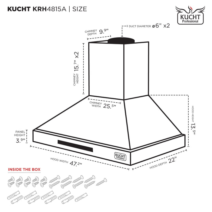 Kucht 48 Inch 1200 CFM Stainless Steel Wall Mounted Range Hood with LCD Display, Sensor Touch Controls and Color Options Dimensions