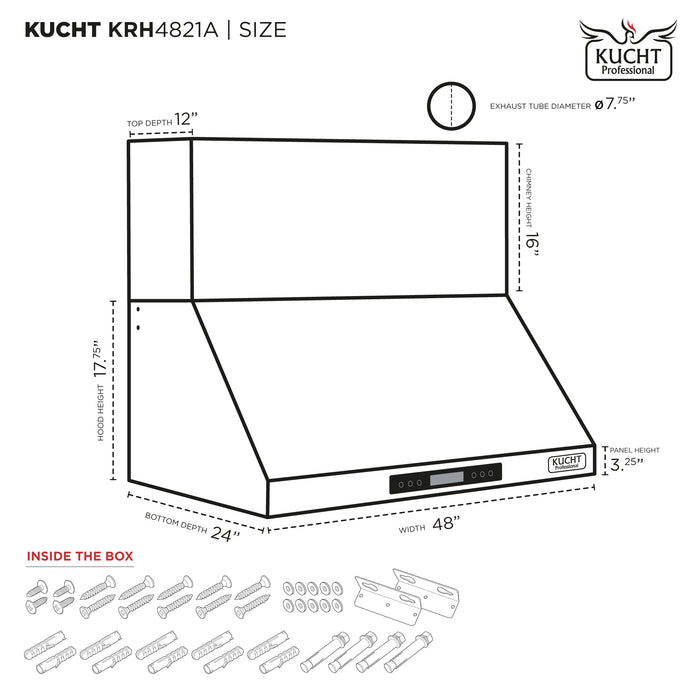 Kucht 48 Inch 1200 CFM Stainless Steel Wall Mounted Range Hood with LCD Display and Sensor Touch Controls - KRH4821A Dimensions