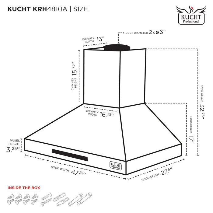Kucht 48 Inch 900 CFM Stainless Steel Wall Mounted Range Hood with LCD Display and Sensor Touch Controls - KRH4810A Dimensions
