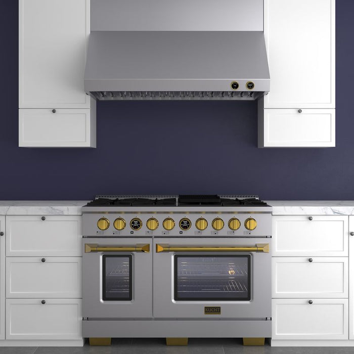 Kucht 48 Inch KX Series Gas Stainless Steel Door Dual Fuel Range with Gold Finish and Digital Thermostat Attached