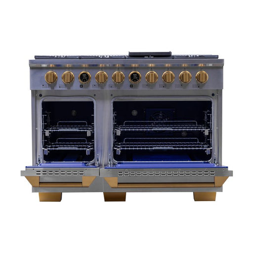 Kucht 48 Inch KX Series Gas Stainless Steel Door Dual Fuel Range with Gold Finish and Digital Thermostat Open