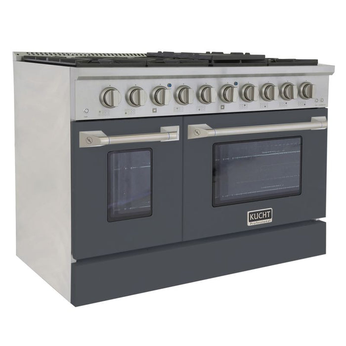 Kucht 48 Inch Pro-Style KDF Series Liquid Propane Gas Stainless Steel Dual Fuel Range with Grey Oven Door Side