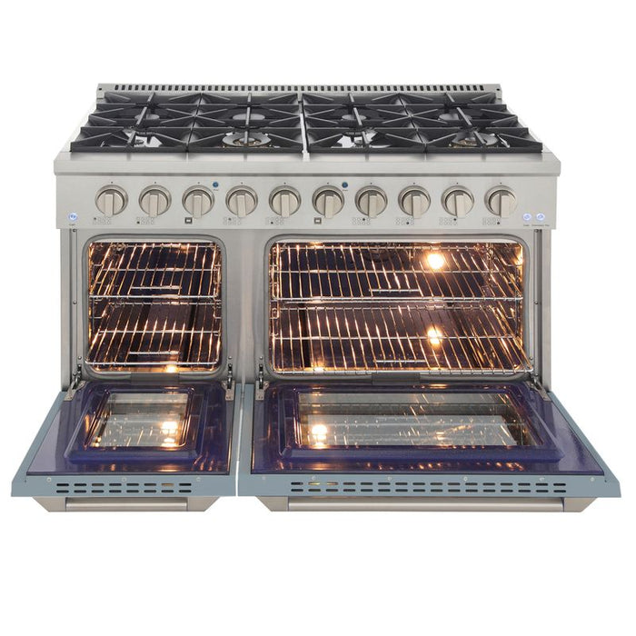 Kucht 48 Inch Pro-Style KDF Series Liquid Propane Gas Stainless Steel Dual Fuel Range with Light Blue Oven Door Open
