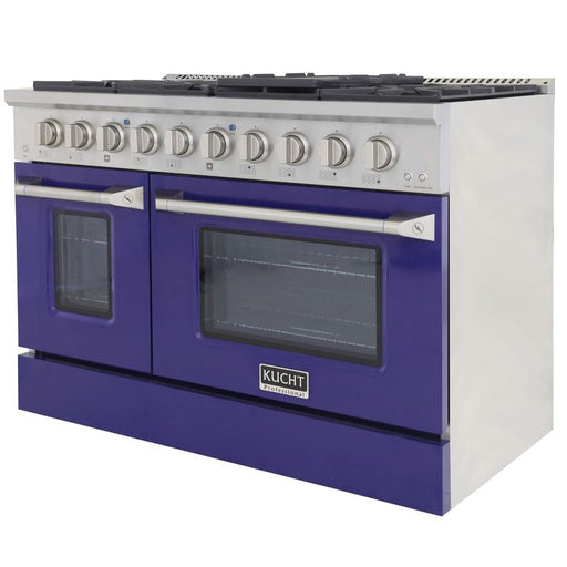 Kucht 48 Inch Professional 6.7 Cu. Ft. Liquid Propane Stainless Steel Range with Sealed Burners, Griddle/Grill, Double Oven and Convection Oven in Blue Oven Door Side