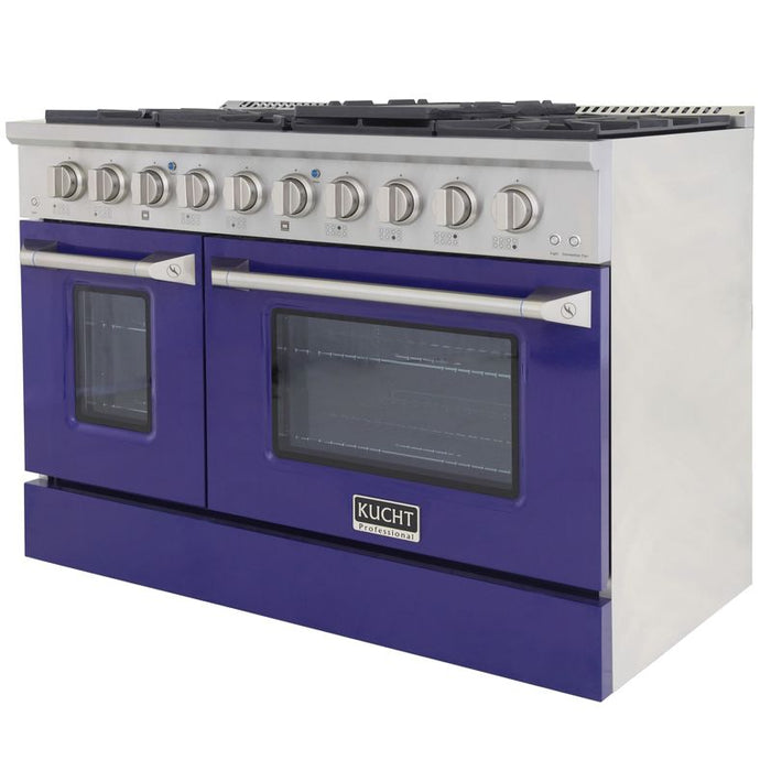 Kucht 48 Inch Professional 6.7 Cu. Ft. Liquid Propane Stainless Steel Range with Sealed Burners, Griddle/Grill, Double Oven and Convection Oven in Blue Oven Door Side