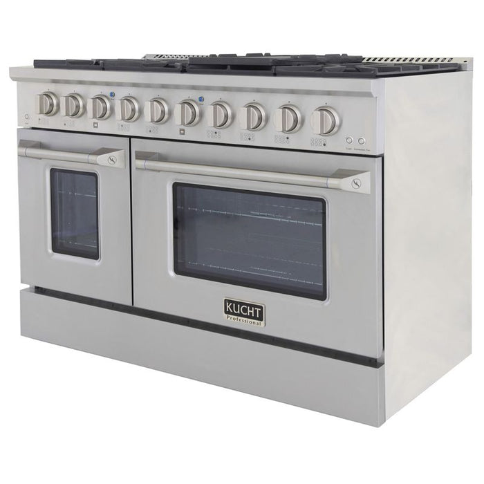 Kucht 48 Inch Professional 6.7 Cu. Ft. Liquid Propane Stainless Steel Range with Sealed Burners, Griddle/Grill, Double Oven and Convection Oven in Silver Oven Door Side
