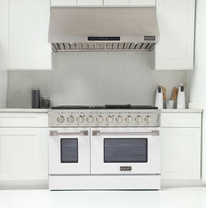 Kucht 48 Inch Professional 6.7 Cu. Ft. Natural Gas Stainless Steel Range with Sealed Burners, Griddle/Grill, Double Oven and Convection Oven in White Oven Door Attached