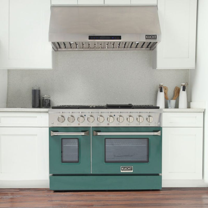 Kucht 48 Inch Professional 6.7 Cu. Ft. Natural Gas Stainless Steel Range with Sealed Burners, Griddle/Grill, Double Oven and Convection Oven in Green Oven Door Attached