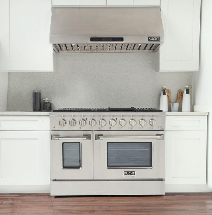 Kucht 48 Inch Professional 6.7 Cu. Ft. Natural Gas Stainless Steel Range with Sealed Burners, Griddle/Grill, Double Oven and Convection Oven in Silver Oven Door Attached