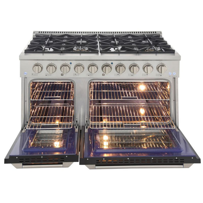 Kucht 48 Inch Professional 6.7 Cu. Ft. Natural Gas Stainless Steel Range with Sealed Burners, Griddle/Grill, Double Oven and Convection Oven in Black Oven Door Open