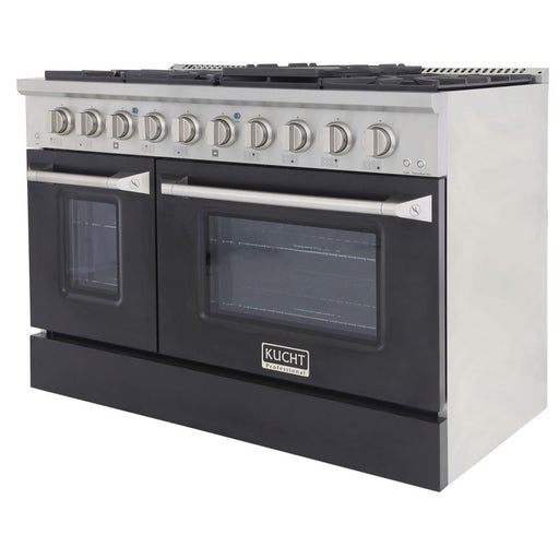 Kucht 48 Inch Professional 6.7 Cu. Ft. Natural Gas Stainless Steel Range with Sealed Burners, Griddle/Grill, Double Oven and Convection Oven in Black Oven Door Side