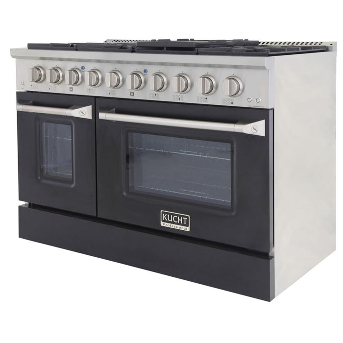 Kucht 48 Inch Professional 6.7 Cu. Ft. Natural Gas Stainless Steel Range with Sealed Burners, Griddle/Grill, Double Oven and Convection Oven in Black Oven Door Side