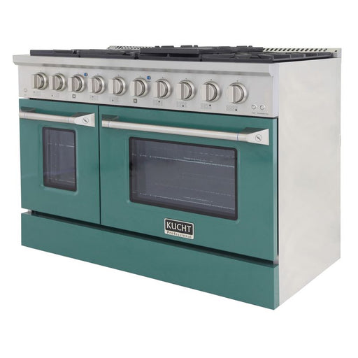 Kucht 48 Inch Professional 6.7 Cu. Ft. Natural Gas Stainless Steel Range with Sealed Burners, Griddle/Grill, Double Oven and Convection Oven in Green Oven Door Side