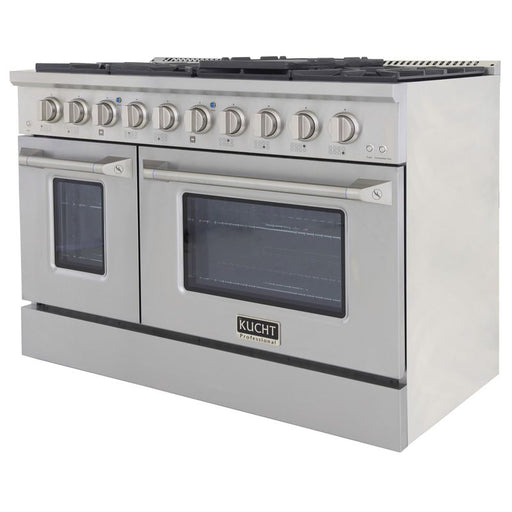 Kucht 48 Inch Professional 6.7 Cu. Ft. Natural Gas Stainless Steel Range with Sealed Burners, Griddle/Grill, Double Oven and Convection Oven in Silver Oven Door Side