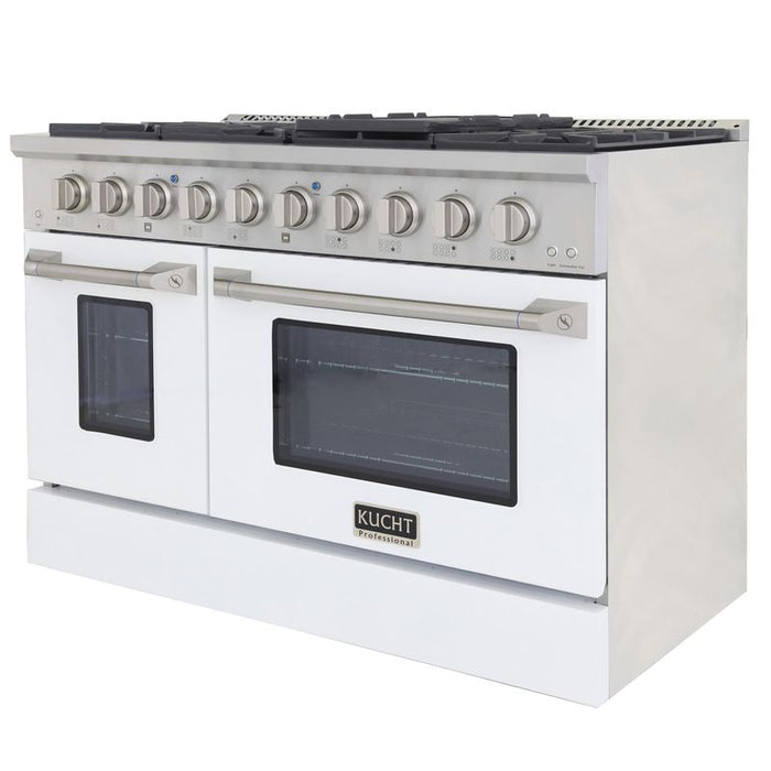 Kucht 48 Inch Professional 6.7 Cu. Ft. Natural Gas Stainless Steel Range with Sealed Burners, Griddle/Grill, Double Oven and Convection Oven in White Oven Door Side