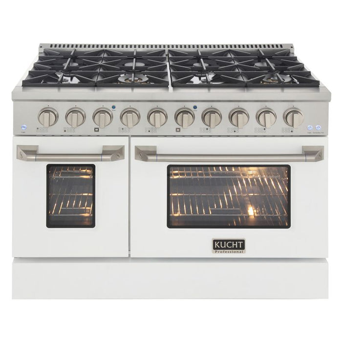 Kucht 48 Inch Professional 6.7 Cu. Ft. Natural Gas Stainless Steel Range with Sealed Burners, Griddle/Grill, Double Oven and Convection Oven in White Oven Door Main
