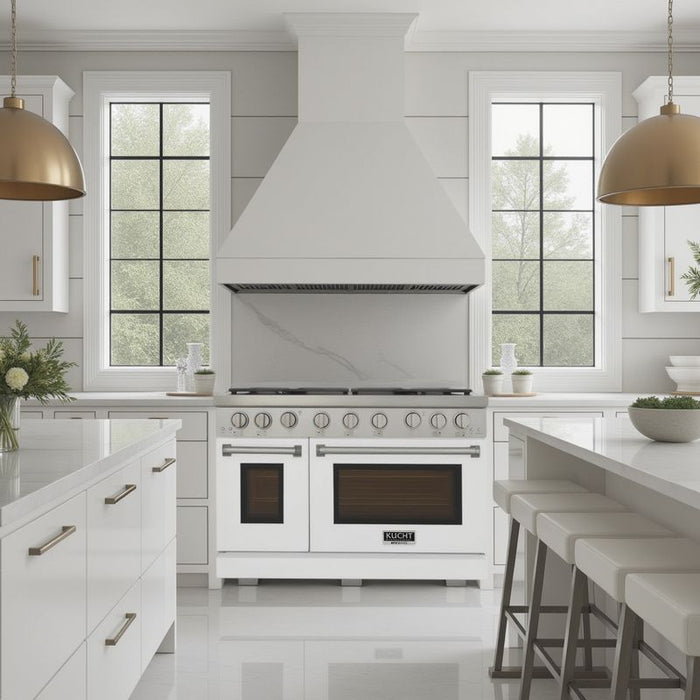 Kucht 48 Inch Professional KFX-X Series Liquid Propane Stainless Steel Range with Convection Oven in White Oven Door Attached