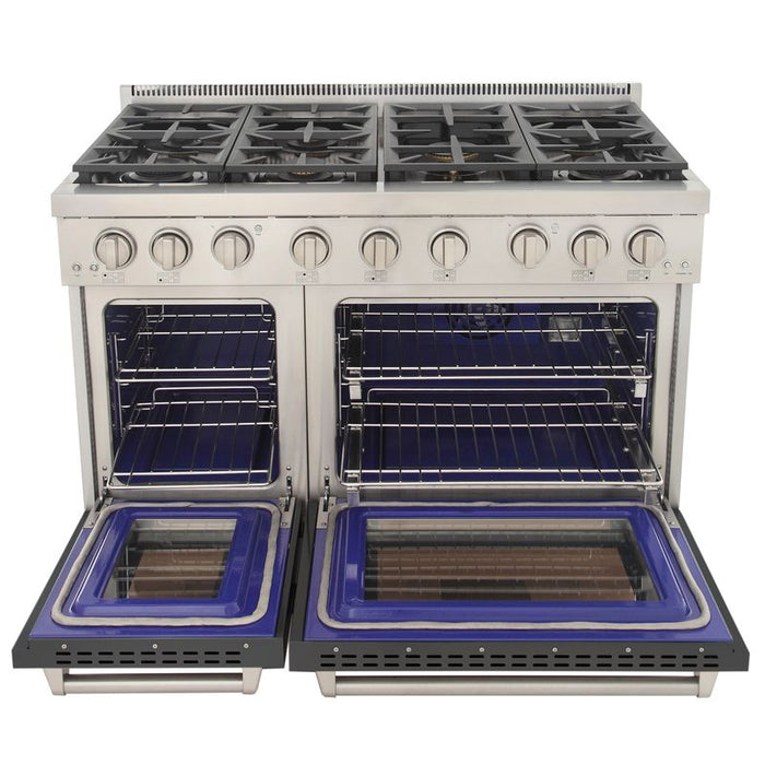 Kucht 48 Inch Professional KFX-X Series Liquid Propane Stainless Steel Range with Convection Oven in Gray Oven Door Open