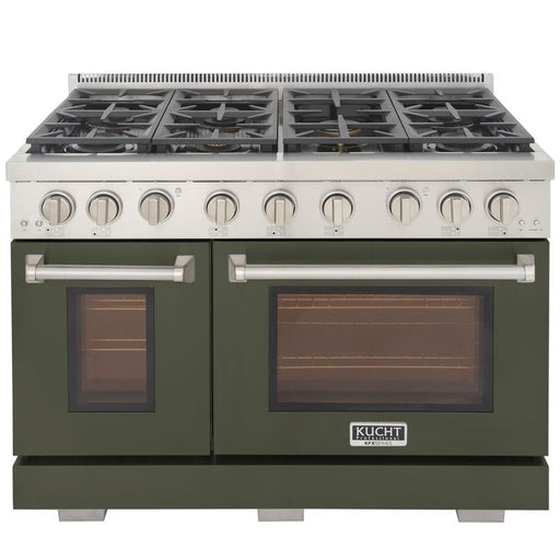 Kucht 48 Inch Professional KFX-X Series Liquid Propane Stainless Steel Range with Convection Oven in Green Oven Door Burners