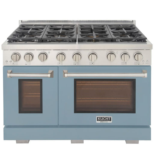 Kucht 48 Inch Professional KFX-X Series Liquid Propane Stainless Steel Range with Convection Oven in Light Blue Oven Door Burners