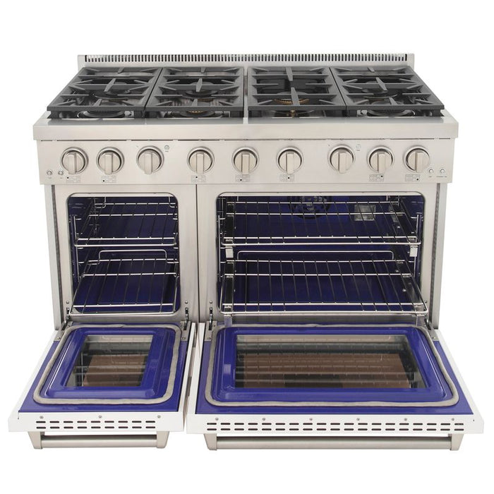 Kucht 48 Inch Professional KFX-X Series Liquid Propane Stainless Steel Range with Convection Oven in White Oven Door Open