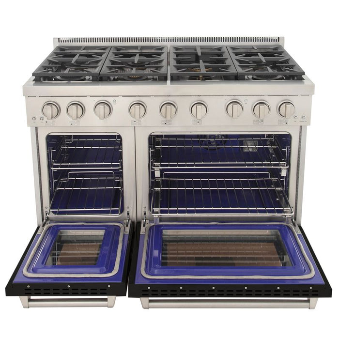 Kucht 48 Inch Professional KFX-X Series Natural Gas Stainless Steel Range with Convection Oven in Black Oven Door Open