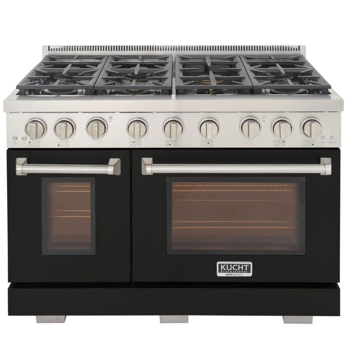 Kucht 48 Inch Professional KFX-X Series Natural Gas Stainless Steel Range with Convection Oven in Black Oven Door Burners