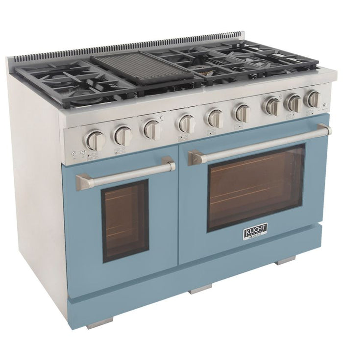 Kucht 48 Inch Professional KFX-X Series Natural Gas Stainless Steel Range with Convection Oven in Light Blue Oven Door Griddle