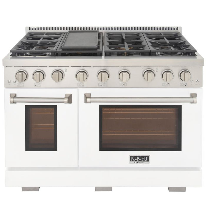 Kucht 48 Inch Professional KFX-X Series Natural Gas Stainless Steel Range with Convection Oven in White Oven Door Griddle