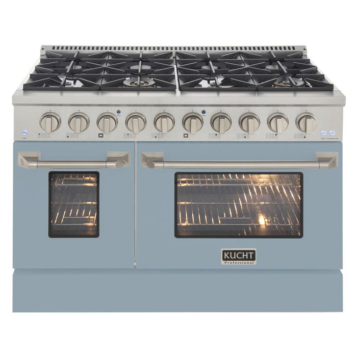 Kucht 48 Inch Professional KNG Series Liquid Propane Stainless Steel Range with Sealed Burners, Griddle/Grill, Double Oven and Convection Oven in Light Blue Oven Door Burners