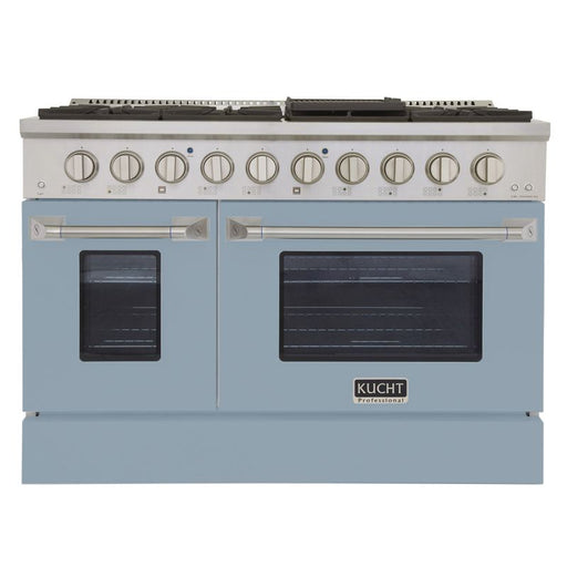 Kucht 48 Inch Professional KNG Series Liquid Propane Stainless Steel Range with Sealed Burners, Griddle/Grill, Double Oven and Convection Oven in Light Blue Oven Door Main