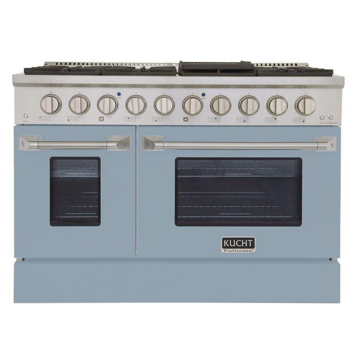 Kucht 48 Inch Professional KNG Series Liquid Propane Stainless Steel Range with Sealed Burners, Griddle/Grill, Double Oven and Convection Oven in Light Blue Oven Door Main