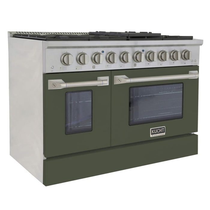 Kucht 48 Inch Professional KNG Series Liquid Propane Stainless Steel Range with Sealed Burners, Griddle/Grill, Double Oven and Convection Oven in Olive Green Oven Door Side