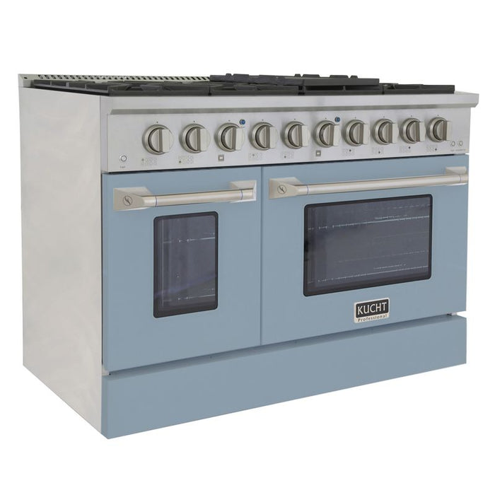 Kucht 48 Inch Professional KNG Series Natural Gas Stainless Steel Range with Sealed Burners, Griddle/Grill, Double Oven and Convection Oven in Light Blue Oven Door Side