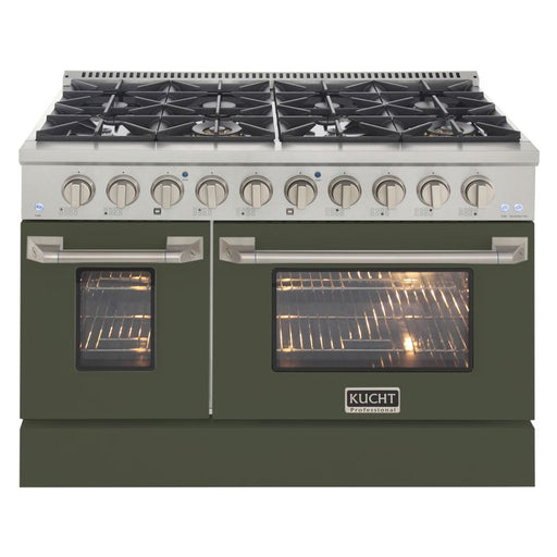 Kucht 48 Inch Professional KNG Series Natural Gas Stainless Steel Range with Sealed Burners, Griddle/Grill, Double Oven and Convection Oven in Olive Green Oven Door Burners